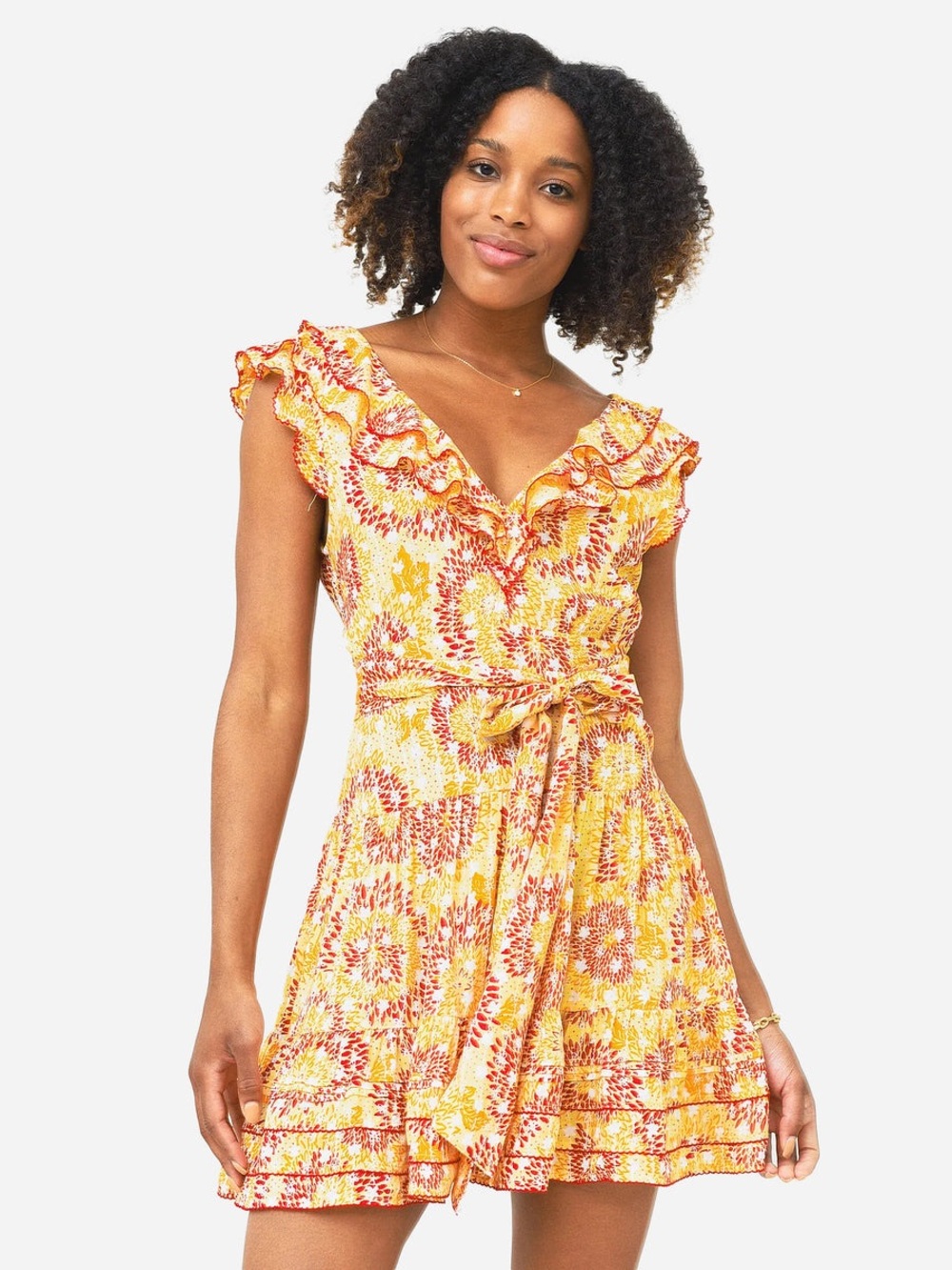 Poupette St Barth Della Yellow Sunflower Printed Layer Ruffle Mini Dress EUC XS